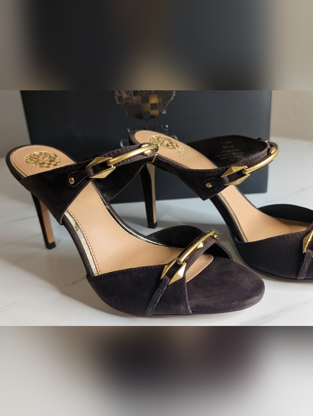 Vince Camuto Ambra Brown Suede Gold Hardware Mule Heels Size 8 NIB